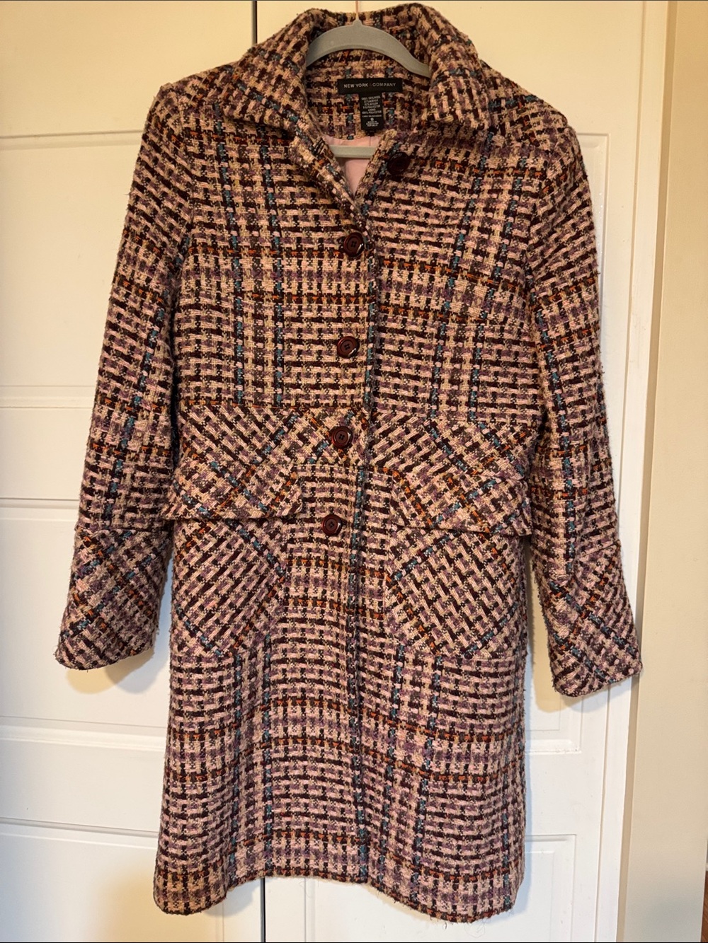 New York & Company Pink Plaid Wool-Blend Pea Coat